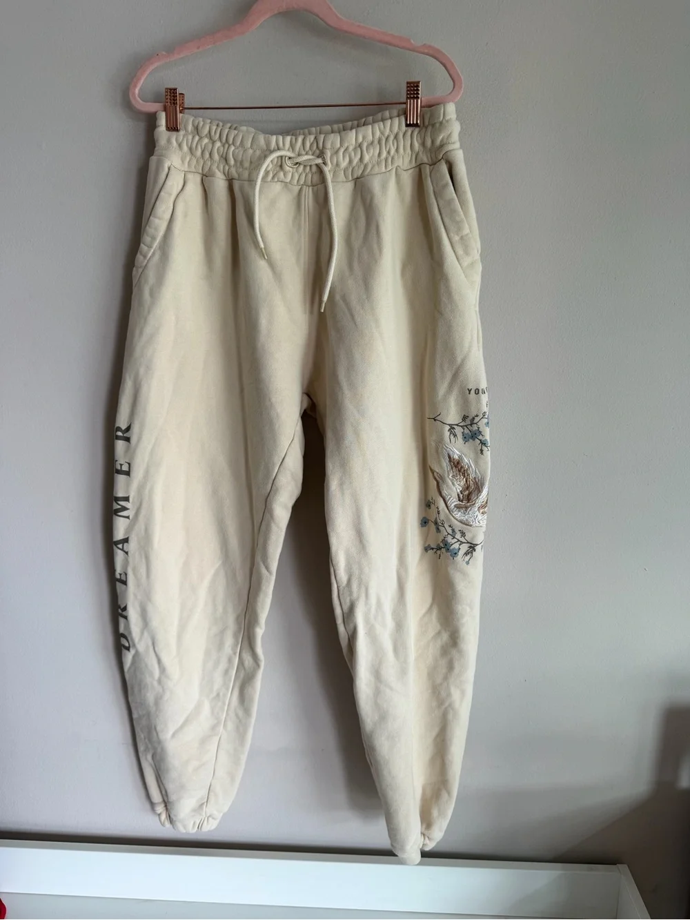 YoungLA Dreamer Cream Embroidered Crane Jogger Sweatpants Large